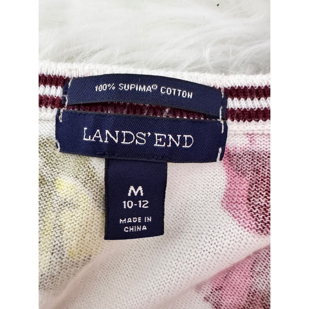 Lands End Floral Cardigan Sweater Womens Medium White Pink Supima Cotton Knit - Picture 6 of 7